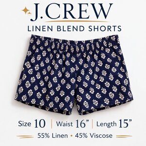 J.Crew Women’s Linen Blend Shorts Size 10 Navy White Floral Elastic Waist Summer